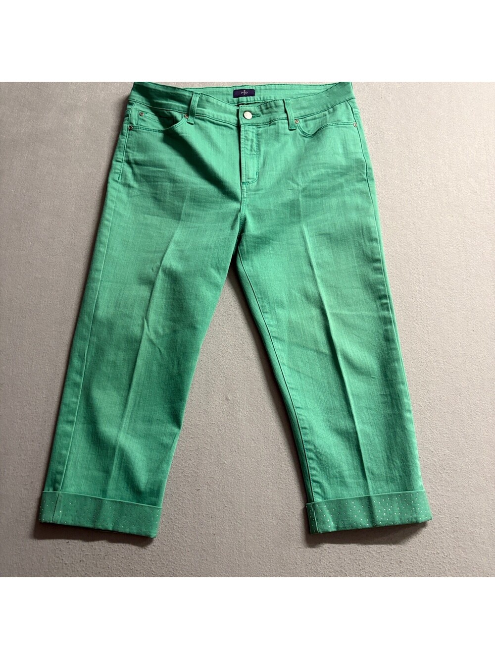 NYDJ Lift Tuck Crop Jeans Womens 14 Green Rhinestone Cuff Stretch Denim Capris